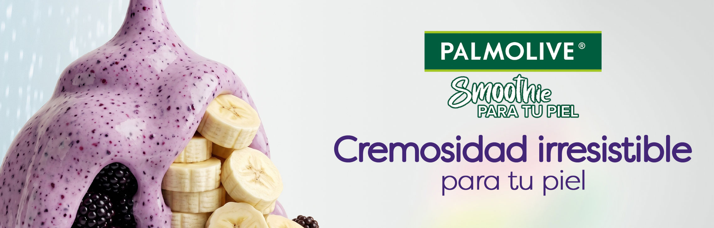 Textura cremosa del Jabón Corporal Palmolive Smoothie de Mora, Banana y Yoghurt. Frase: Cremosidad irresistible para tu piel.